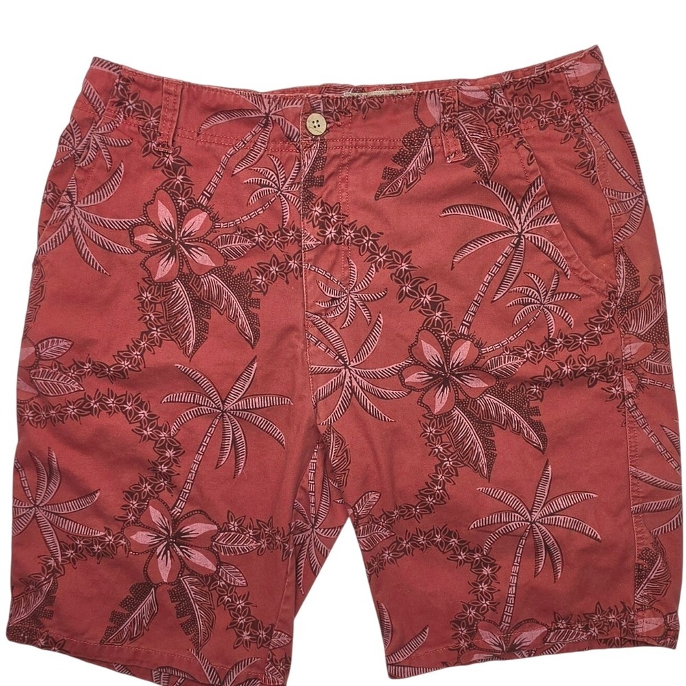 Plugg Mens Floral Palm Tree Tropical Shorts Red Burgundy Cotton Size 36